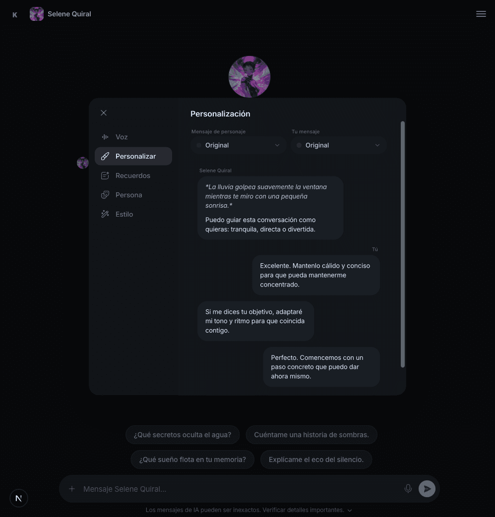 View of Kumi showing a generated character ready to edit or publish.