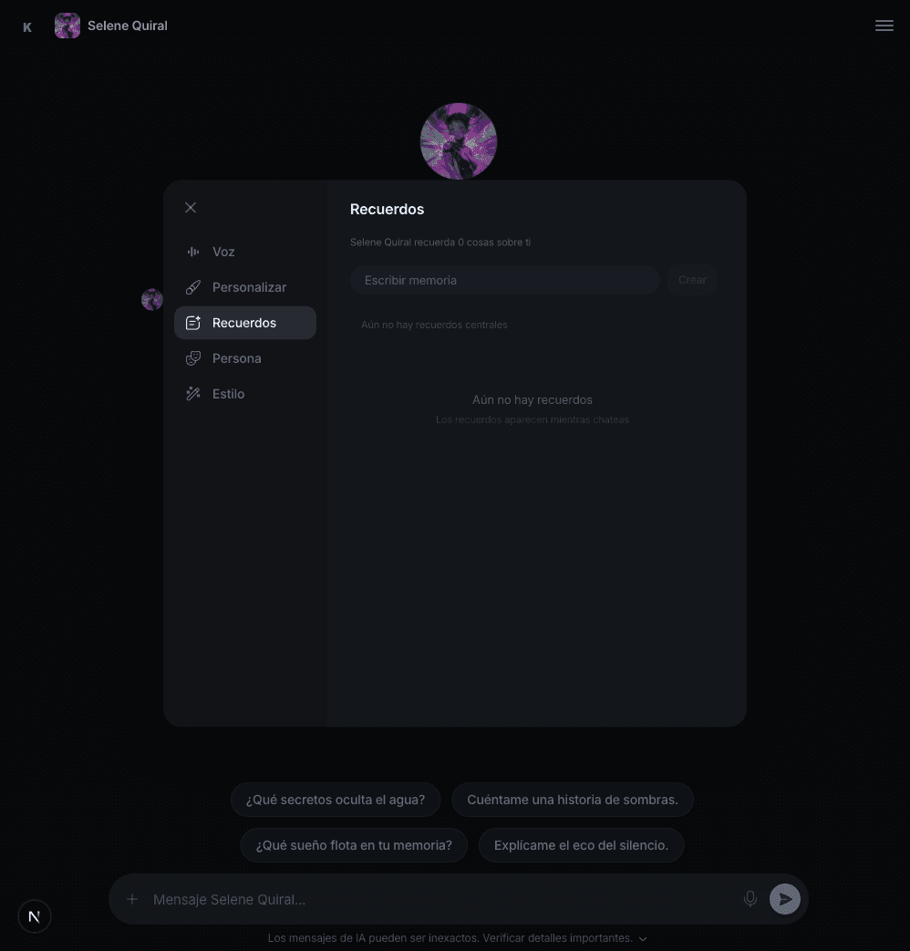 View of Kumi showing persistent memory inside a conversation.