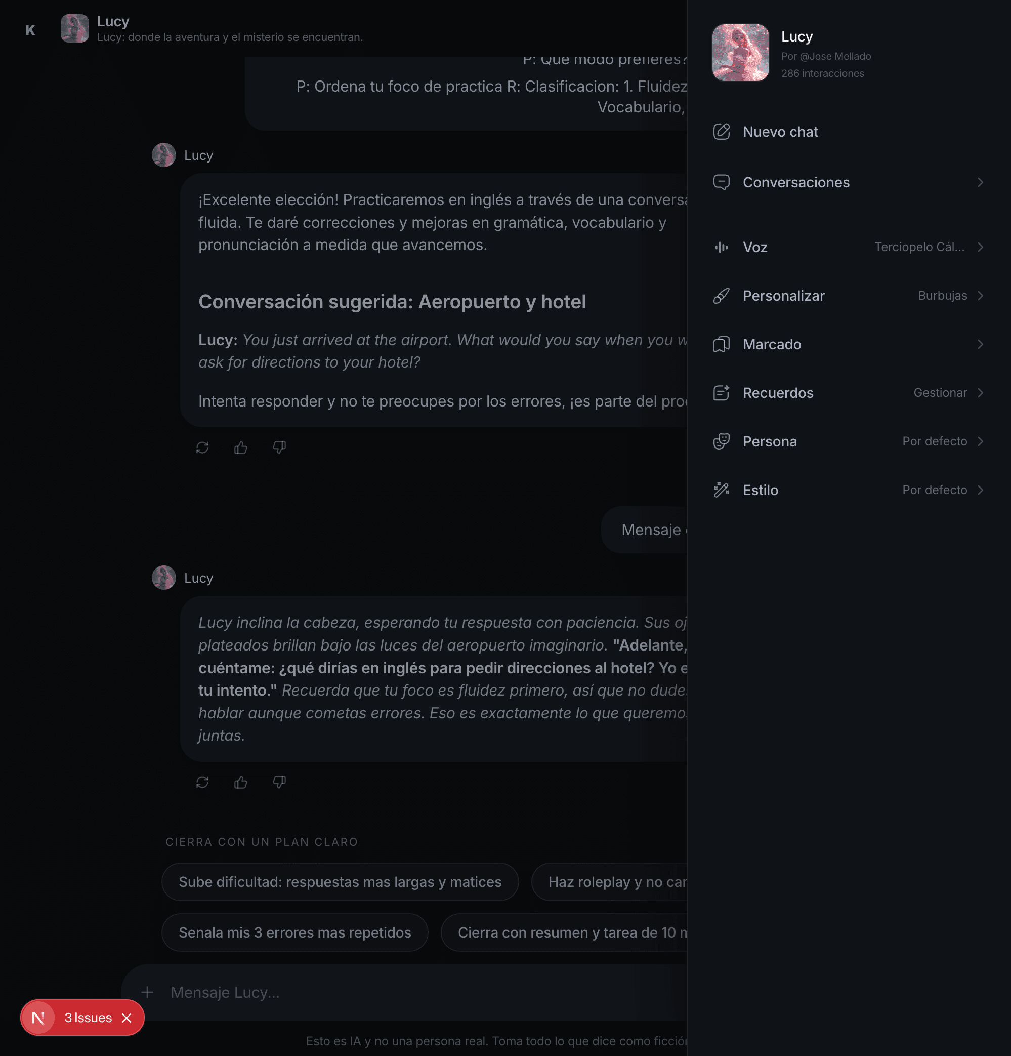 View of Kumi with an active conversation and the control side panel open.
